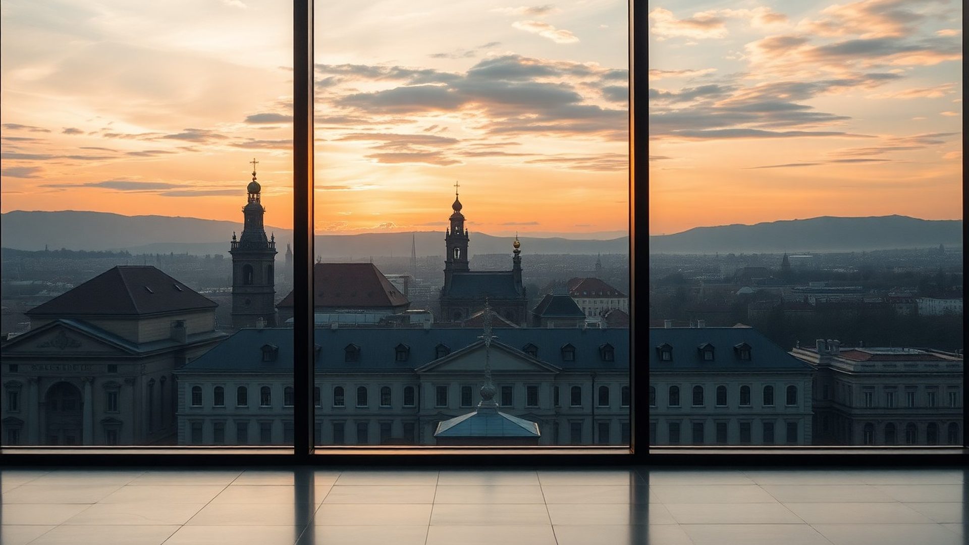 Pokojný pohľad na Nitru cez okno moderne zariadenej kancelárie v tónoch bridlice